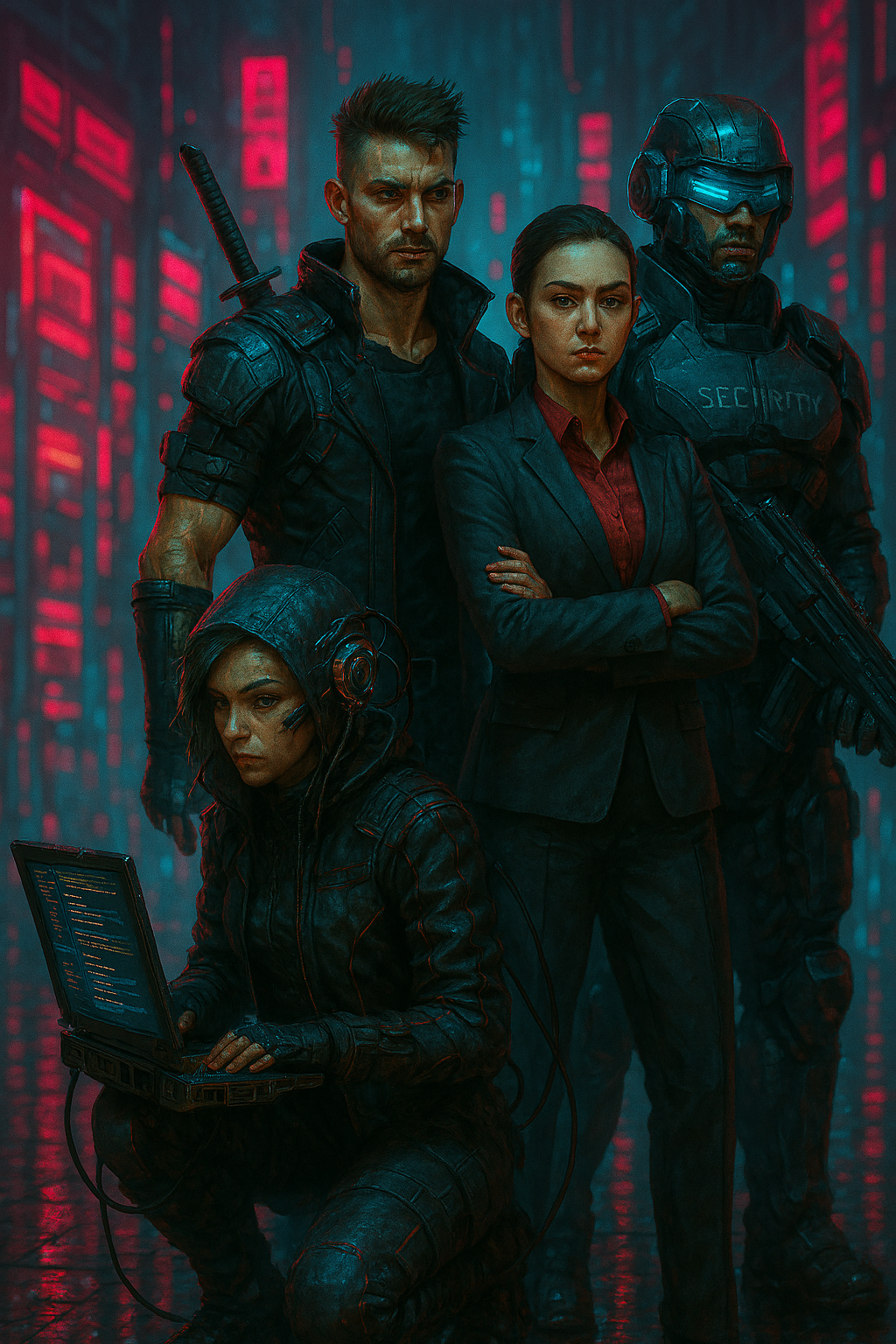 Spielergruppe in Cyberpunk-Outfits