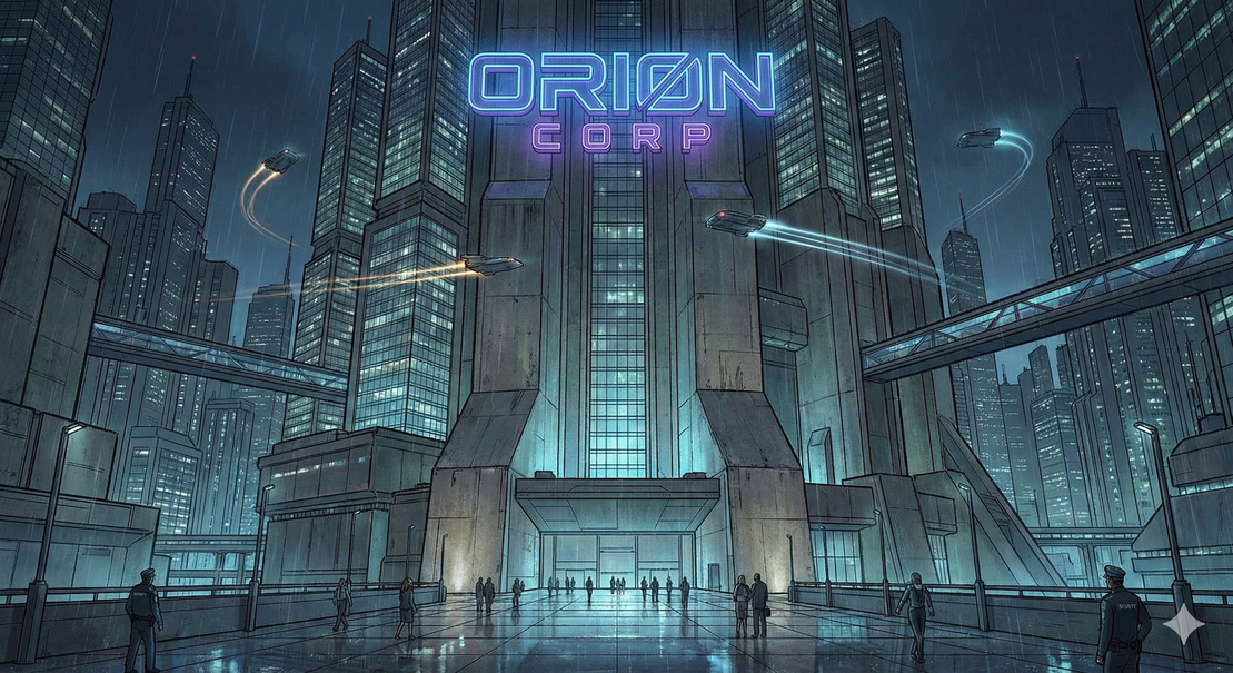 Konferenzraum mit Blick auf neonleuchtende Skyline