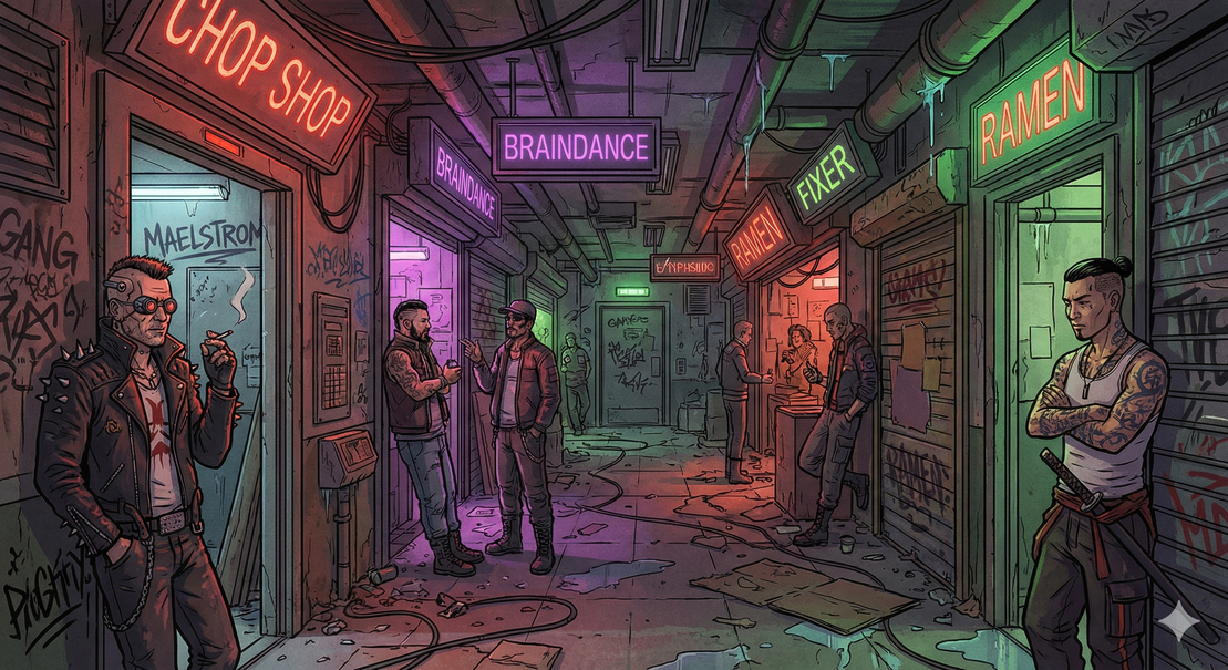 Regenverhangene Wohnblocks mit engen Gassen