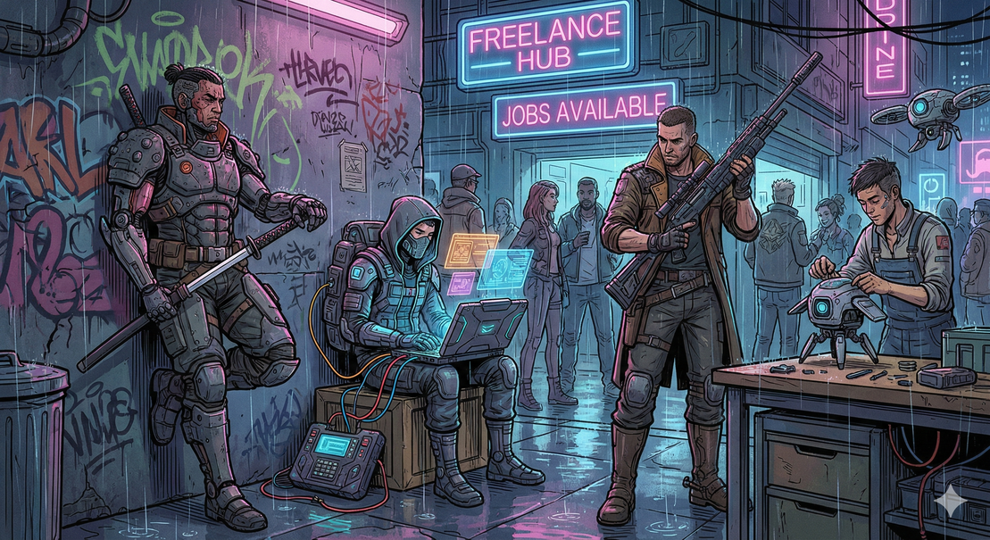 Söldnerin mit Ausrüstung in Werkstattumgebung