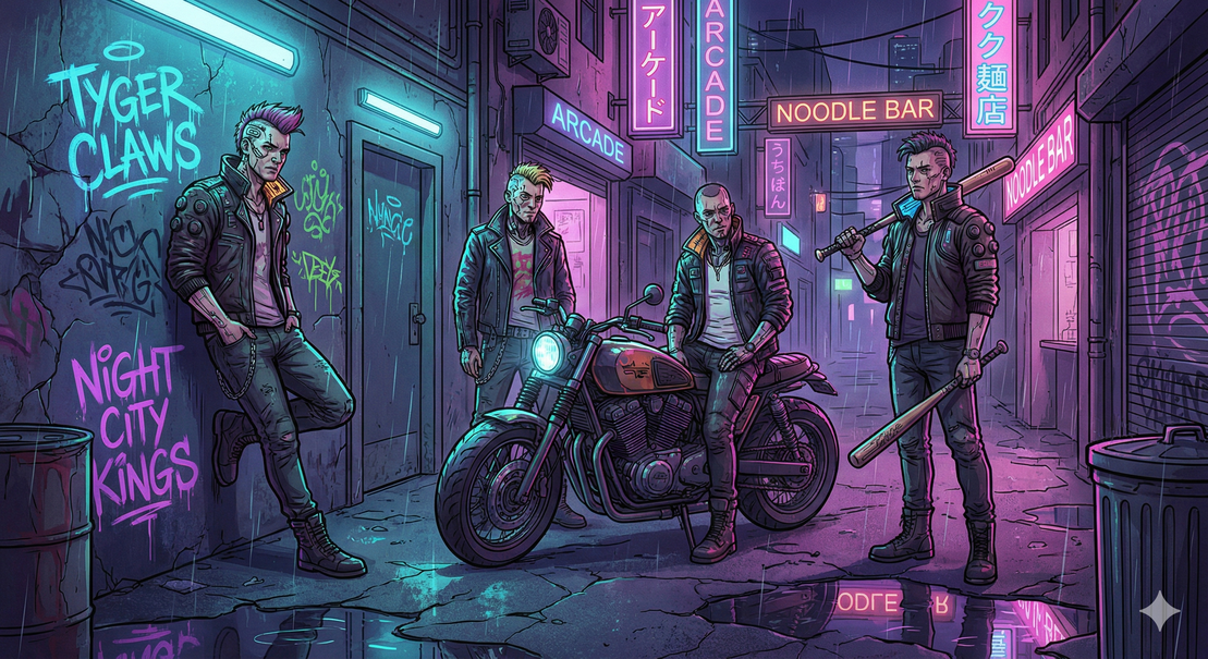 Straßencrew in dunkler Gasse mit Neonlicht